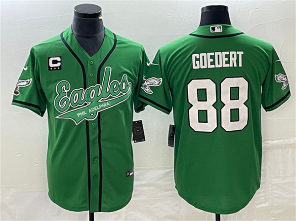 Men's Philadelphia Eagles #88 Dallas Goedert Green With C Patch Cool Base Stitched Baseball Jersey